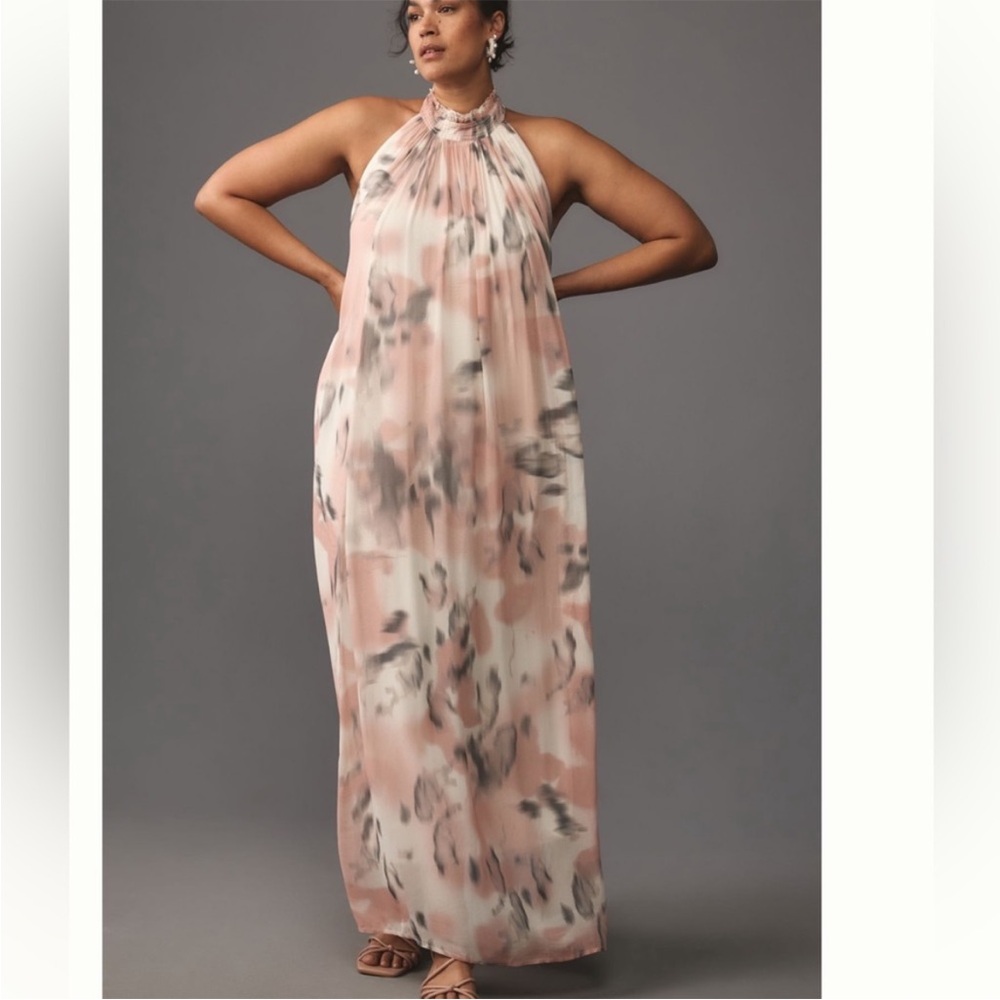 Anthropologie Blush and Gray Watercolor Halter Maxi Dress - Picture 4 of 16